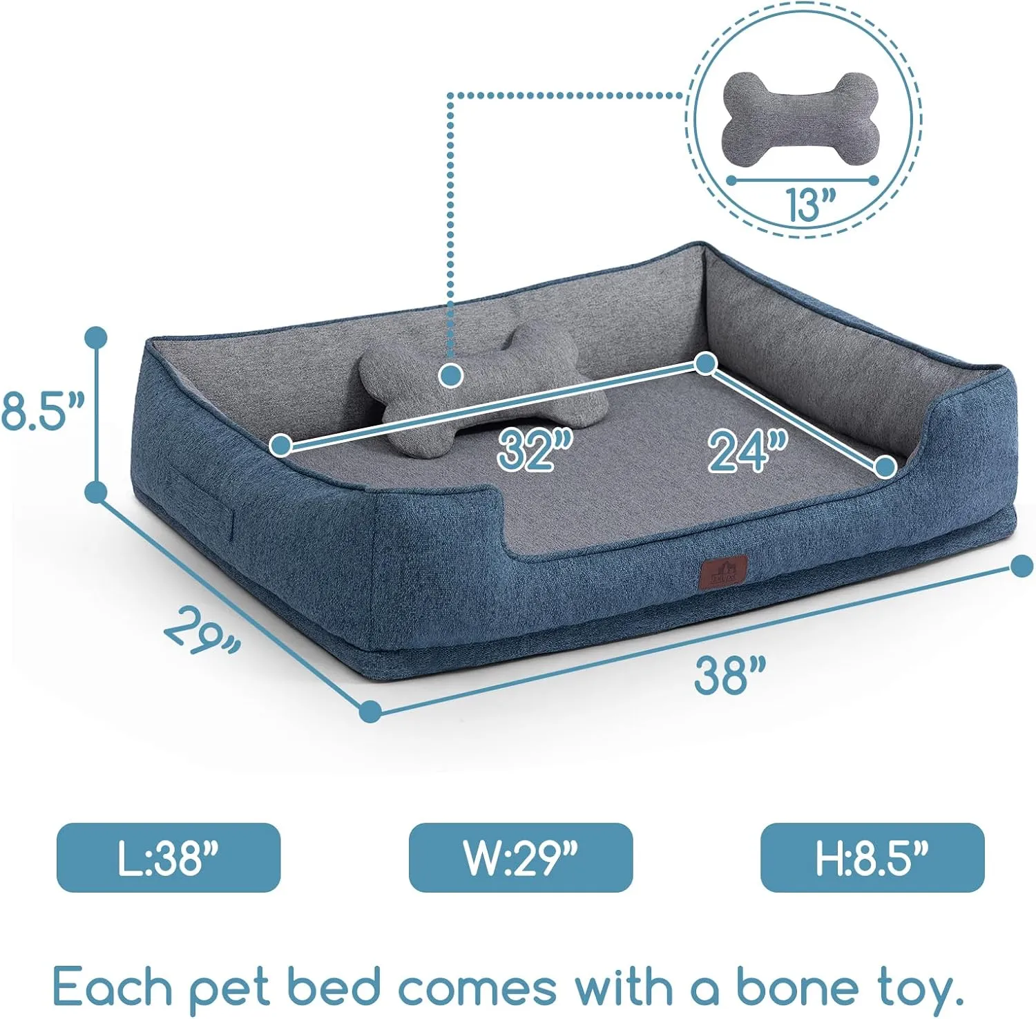 Hollypet Orthopedic Rectangle Dog Bed for Large Dogs, Supportive Egg-Crate Foam Pet Beds with Removable Washable Waterproof Cover and Non-Slip Bottom, Blue, 38" L x 29" W x 8.5" Th