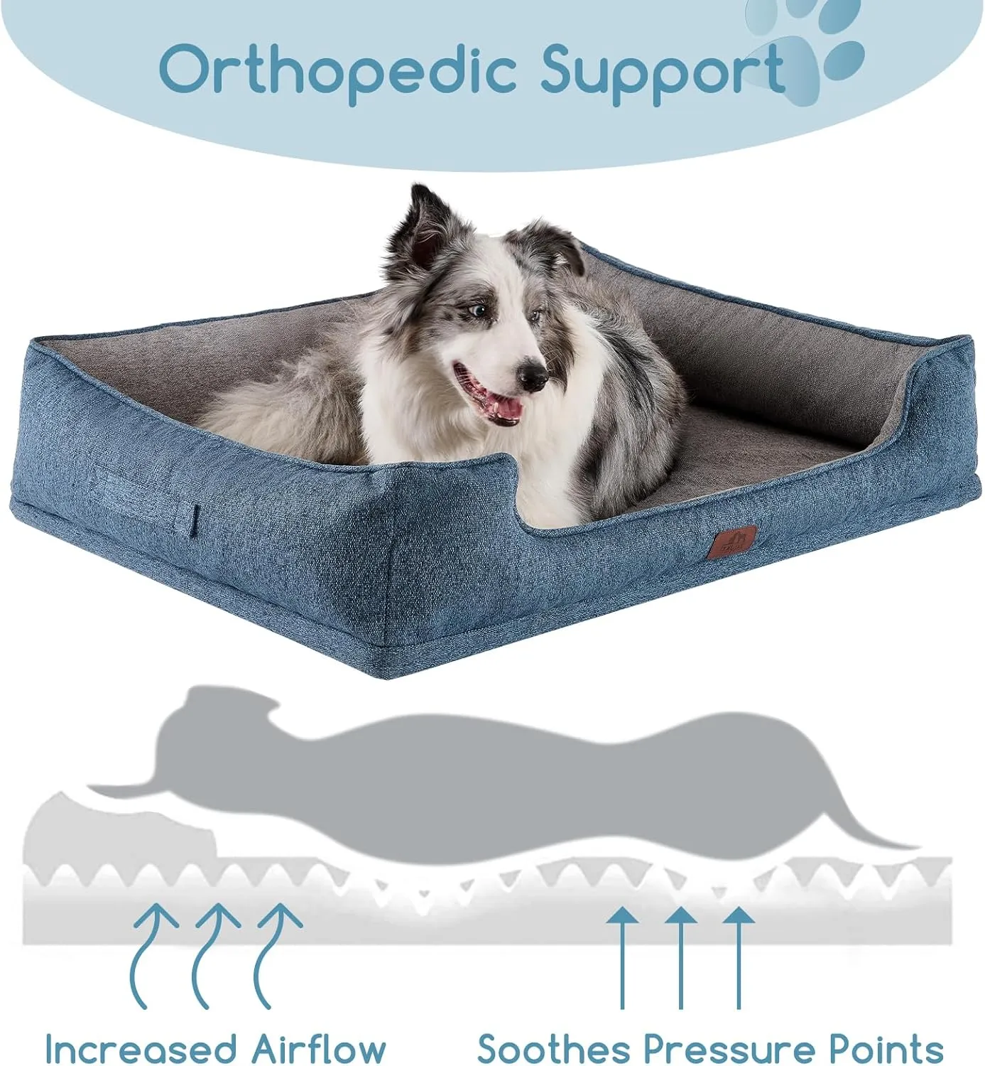 Hollypet Orthopedic Rectangle Dog Bed for Large Dogs, Supportive Egg-Crate Foam Pet Beds with Removable Washable Waterproof Cover and Non-Slip Bottom, Blue, 38" L x 29" W x 8.5" Th