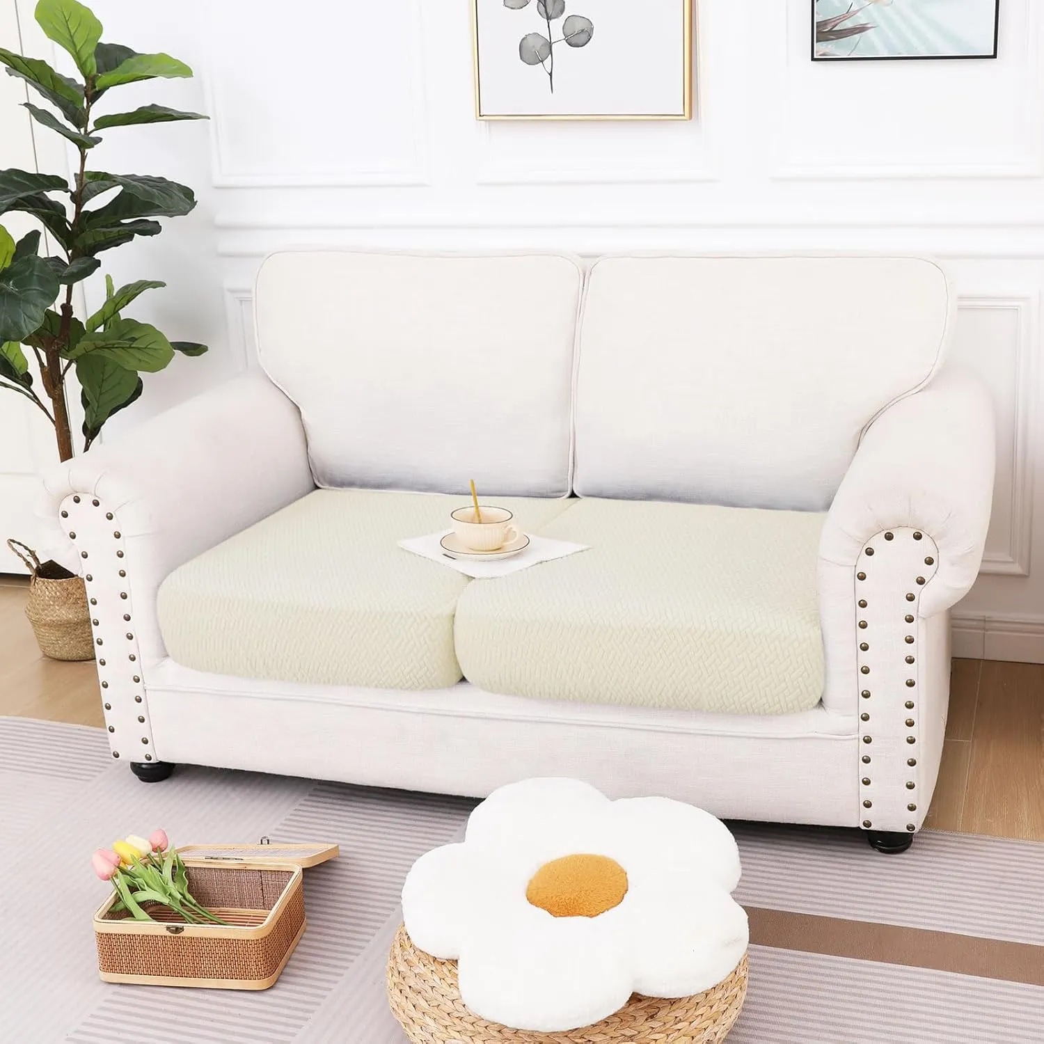 hyha Waterproof Couch Cushion Covers, Wear Resistant Couch Cover, Anti Slip Sofa Slipcovers Washable, Soft Thick Jacquard Furniture Protector for Pets Dog (2 Packs, Beige)