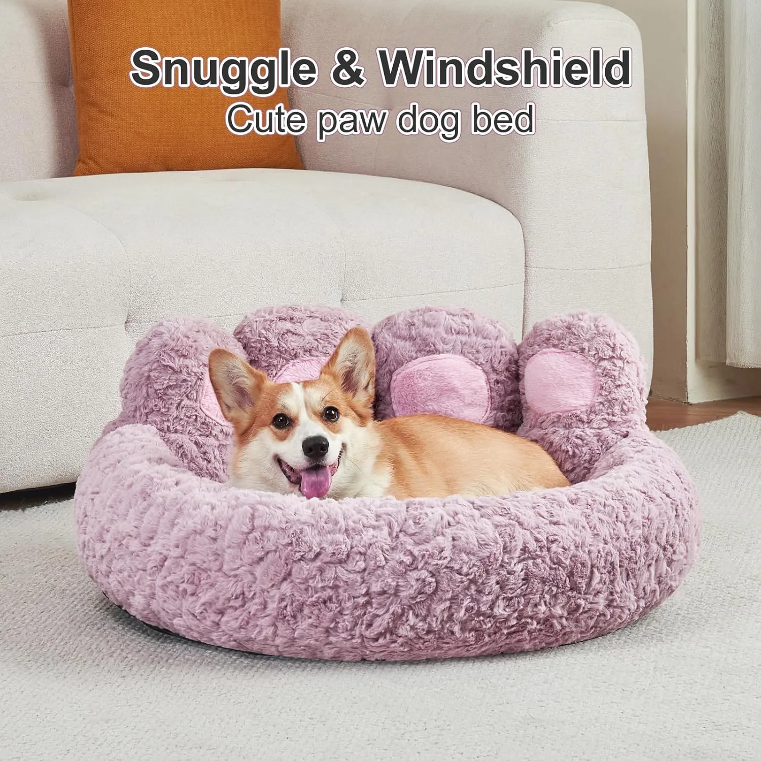 Jiupety Calming Cozy Comfy Small Dog and Cat Bed, Creative Donut Pets Bed with Standing Bear Paws, Anti-Anxiety, Non-Slip Purple, L Size 26" X 26" X 8"