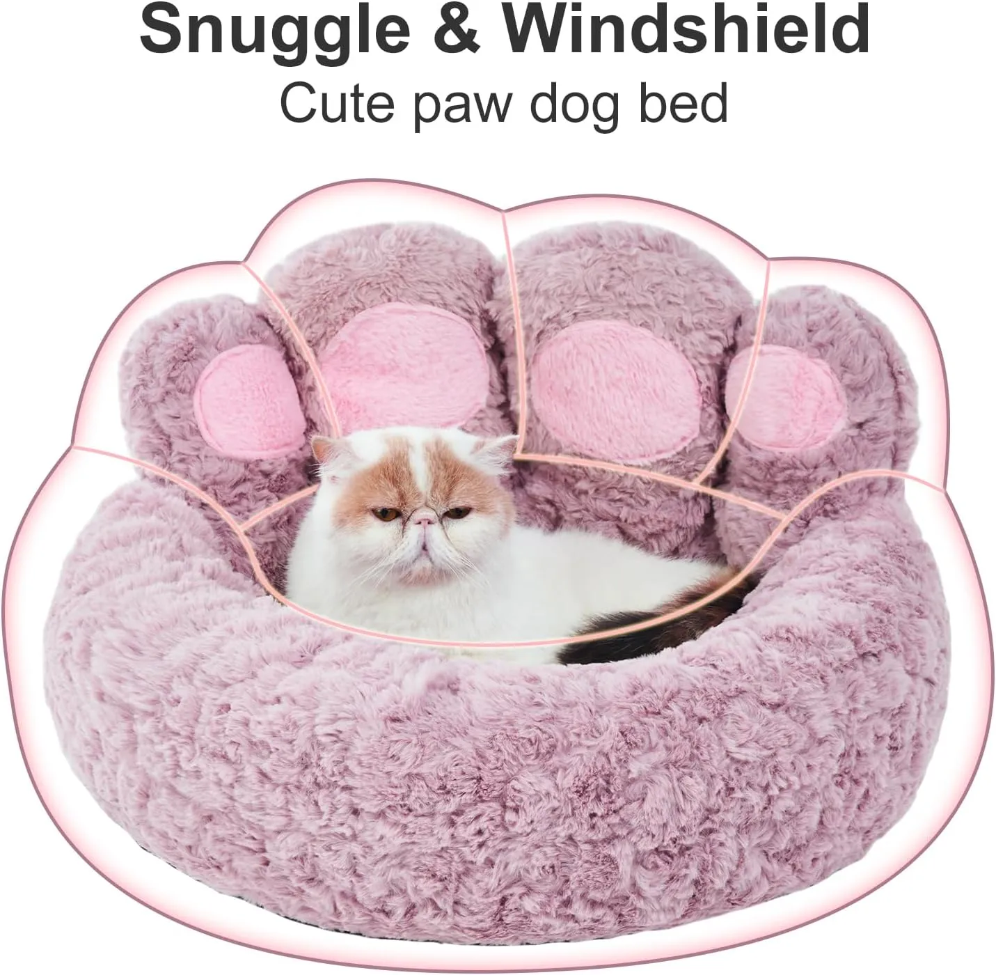 Jiupety Calming Cozy Comfy Small Dog and Cat Bed, Creative Donut Pets Bed with Standing Bear Paws, Anti-Anxiety, Non-Slip Purple, L Size 26" X 26" X 8"