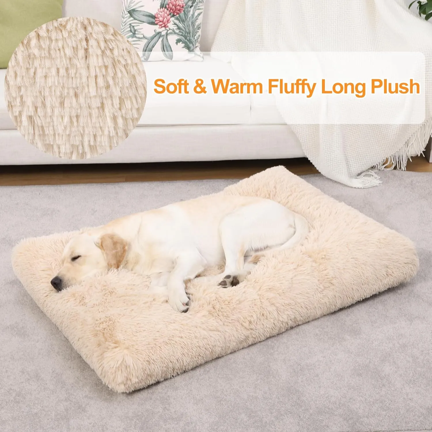 KSIIA Dog Crate Bed Washable Dog Beds for Extra Large Dogs Deluxe Plush Fluffy Comfy Thick Kennel Pad Anti-Slip & Anti-Scratch Pet Sleeping Mat, 41 x 27 Inch, Camel