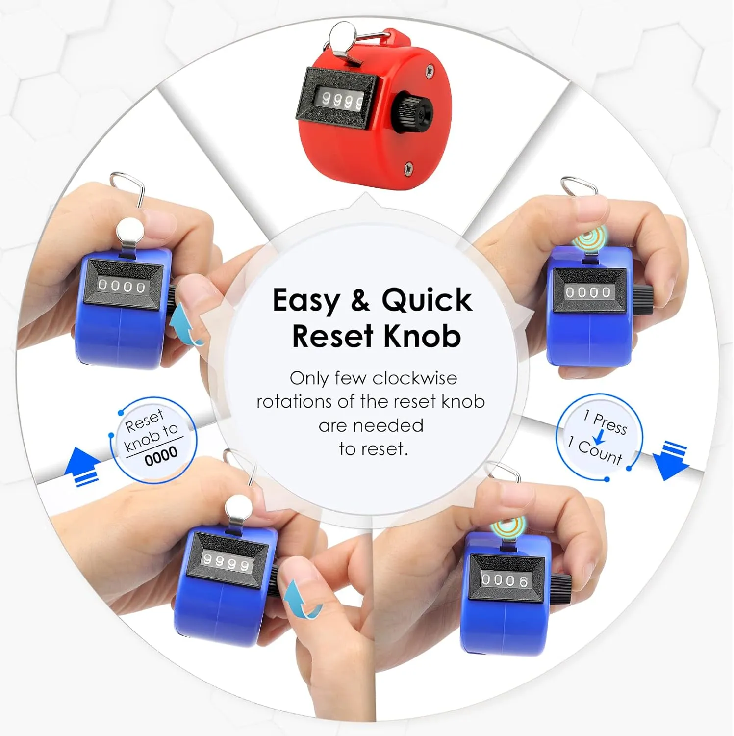 KTRIO Pack of 2 Colors Handheld Tally Counter, 4-Digit Number Clicker Counter, Hand Mechanical Pitch Counters for Coaching, Knitting, People, Lap, Fishing, Golf, Toddler & Fidget
