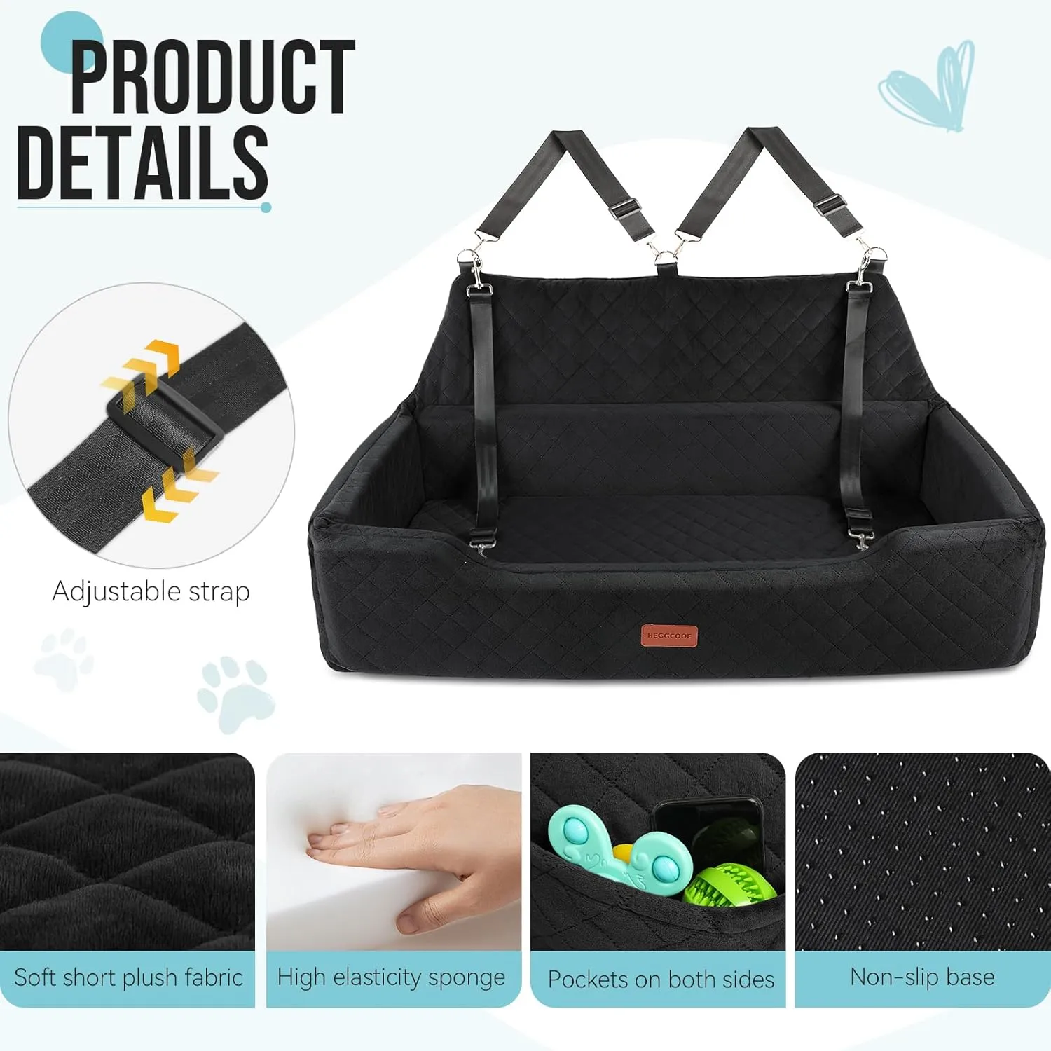 Large Dog Car Seat for 2 Medium Dogs Under 100 lbs, Washable Dog Bed, Detachable Pet Booster with Storage Pocket and Leashes for Back Seat
