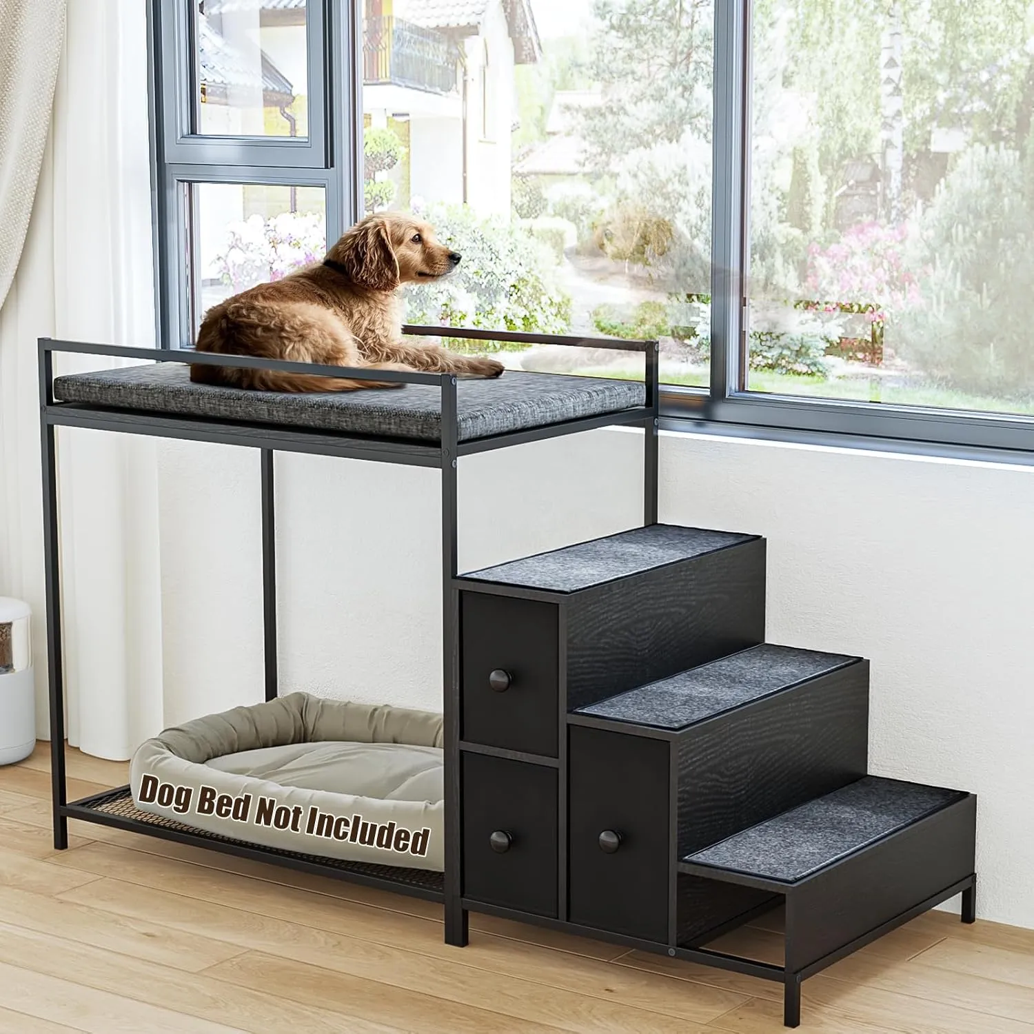 LEMBERI Pet Bunk Bed with Stairs and Storage, Dogs/Cats Window Perch, Bedside Lounge Elevated Dog Bed Multi-Level Platform with Foam Upholstery (Black)
