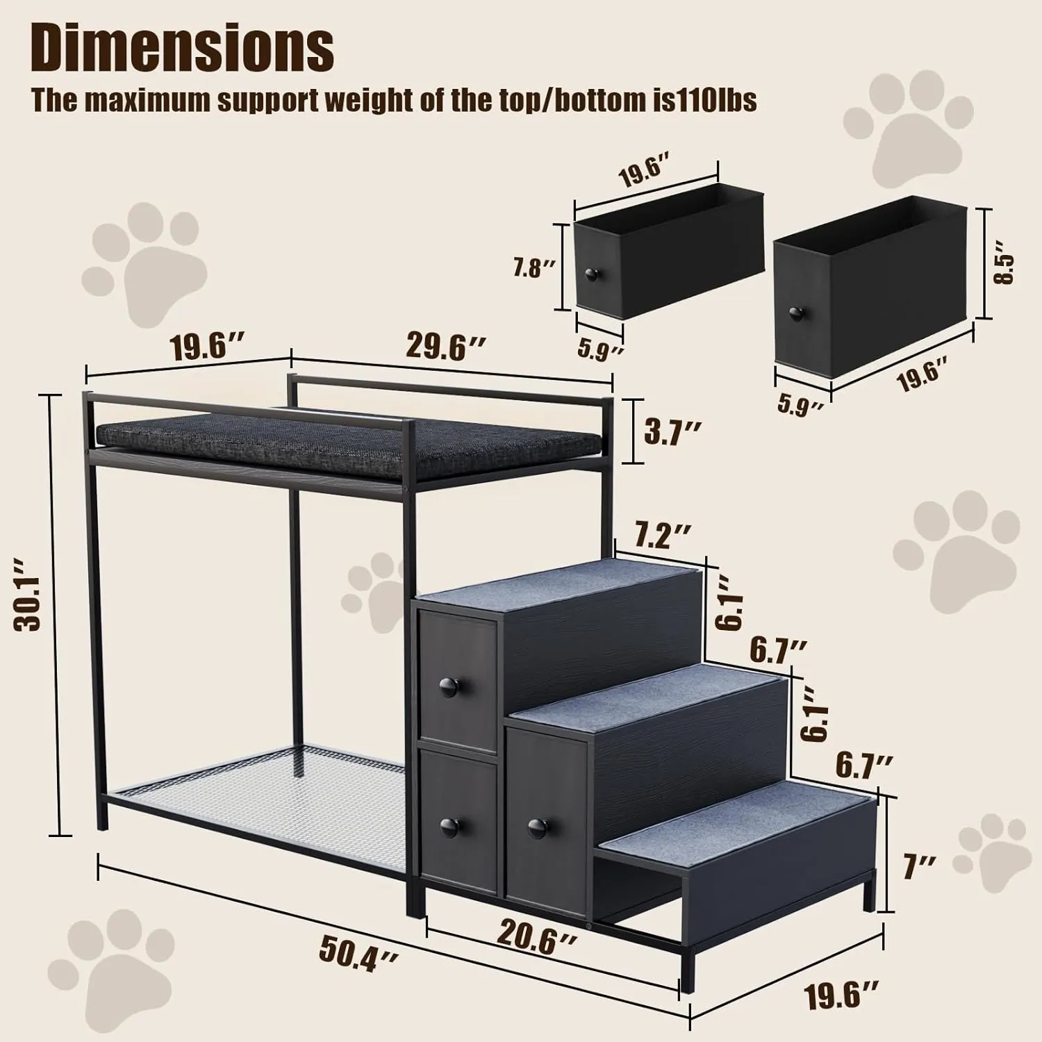 LEMBERI Pet Bunk Bed with Stairs and Storage, Dogs/Cats Window Perch, Bedside Lounge Elevated Dog Bed Multi-Level Platform with Foam Upholstery (Black)