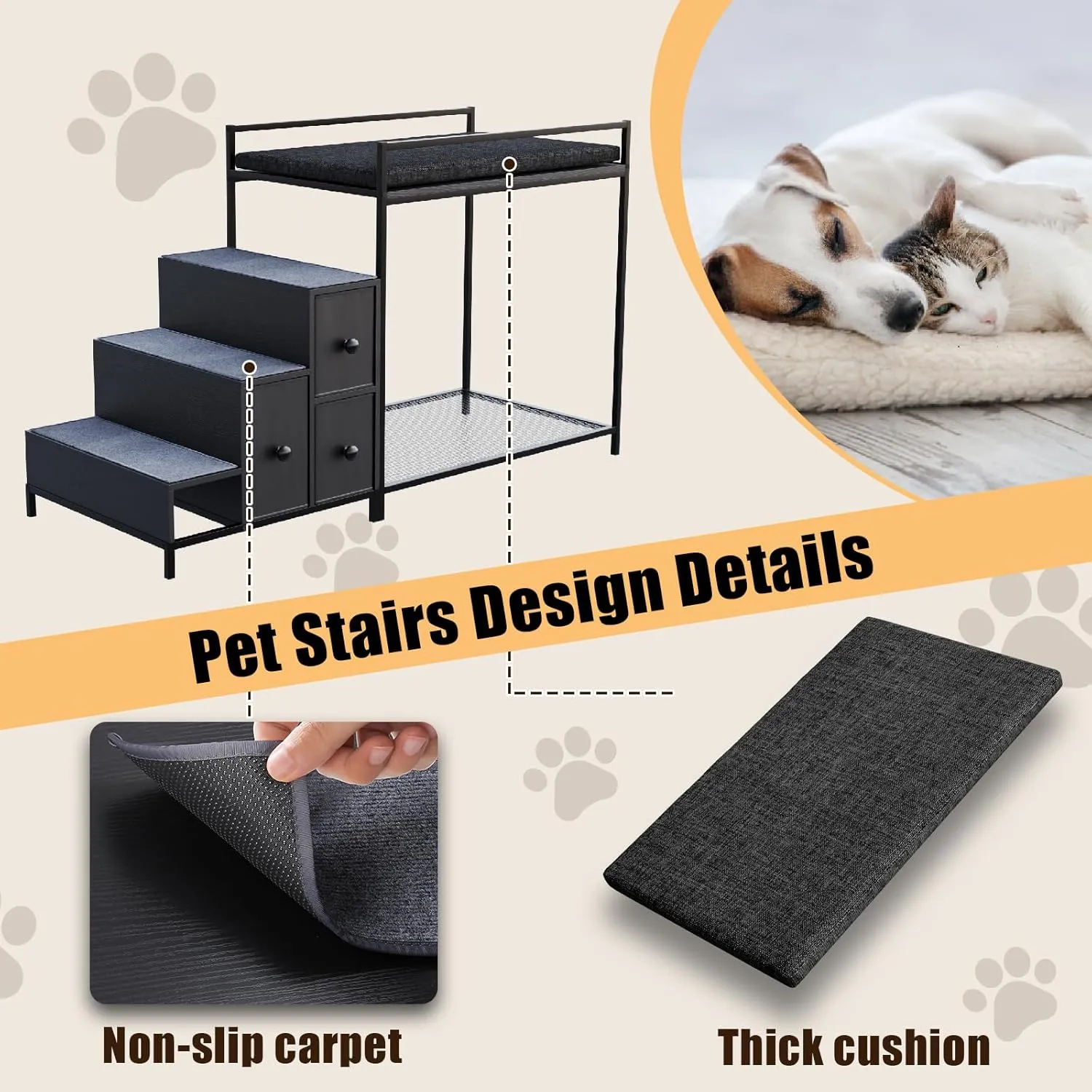 LEMBERI Pet Bunk Bed with Stairs and Storage, Dogs/Cats Window Perch, Bedside Lounge Elevated Dog Bed Multi-Level Platform with Foam Upholstery (Black)