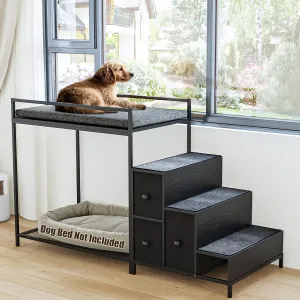 LEMBERI Pet Bunk Bed with Stairs and Storage, Dogs/Cats Window Perch, Bedside Lounge Elevated Dog Bed Multi-Level Platform with Foam Upholstery (Black)