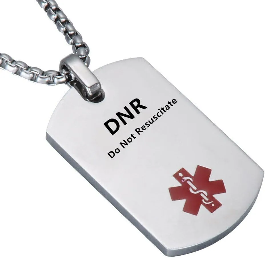 LF Stainless Steel DNR Medical Alert Dog Tag ID Pendant Caduceus necklace for Men Women Teens Health Alert Monitoring Systems(Do Not Resuscitate),Silver