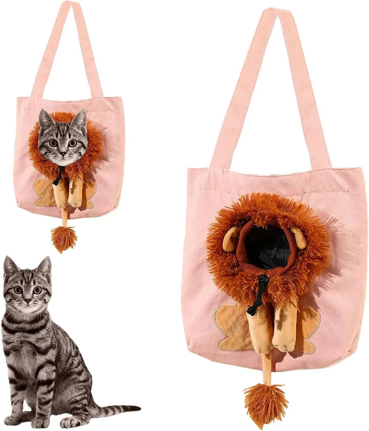 Lion-Shaped Pet Canvas Shoulder Bag  Portable Cat & Small Dog Carrier Tote, Cute Breathable Handbag for Outdoor, Shopping & Camping  Light Green (M Size, Fits Pets Under 6lbs) (Pink)