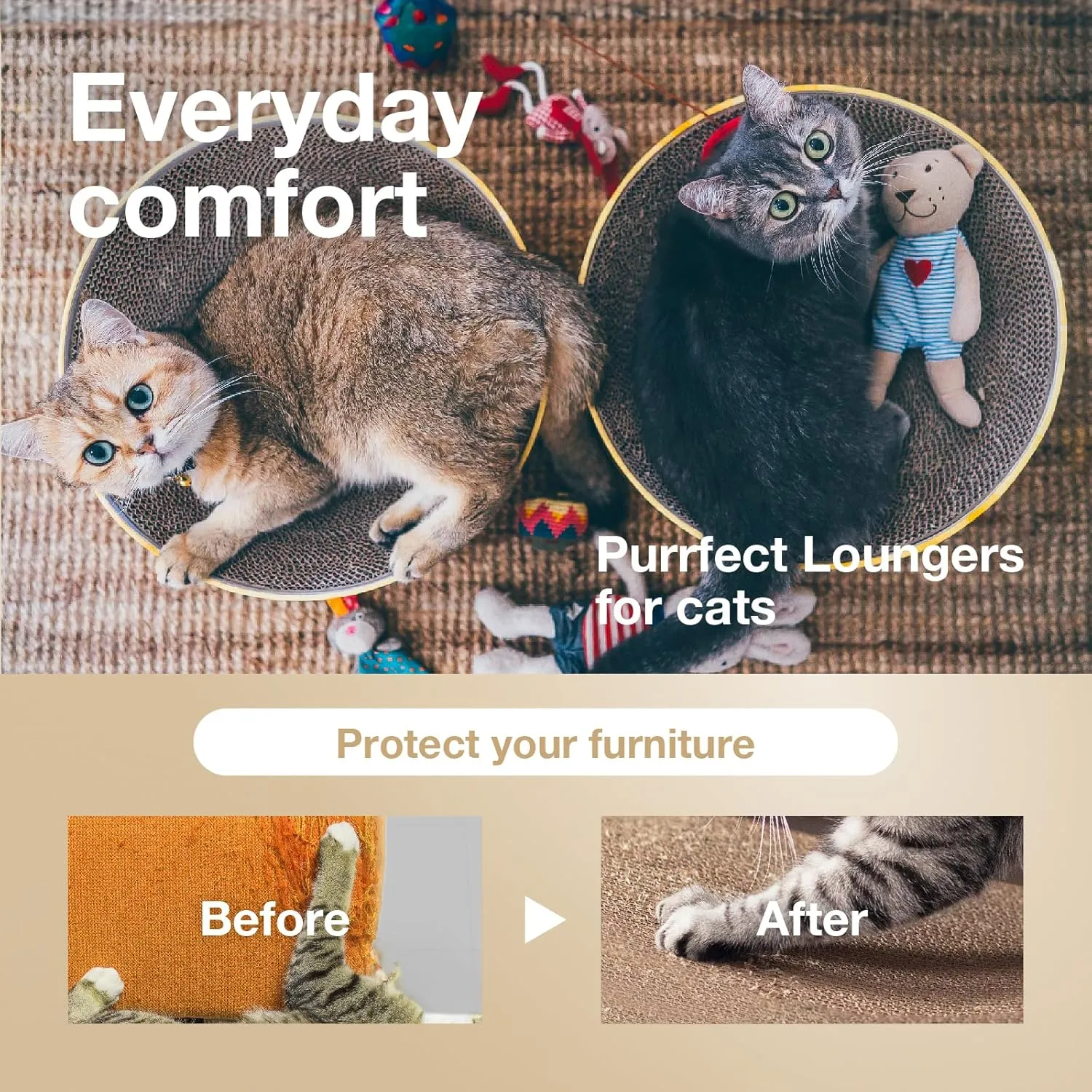 Necoichi Cat Scratcher Bowl for Indoor Cats - Cat Scratching Lounger with Reversible Usability and Extra Comfort for Lounge, Cardboard Bed Couch / (Regular, Oak)