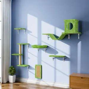 NUNU LAB Wall Mounted Cat Furniture Set - 6 Pcs Climber Set with House, Bridge, Steps, Scratcher Board - DIY Walls Playground, Indoor Cat Shelves - Green