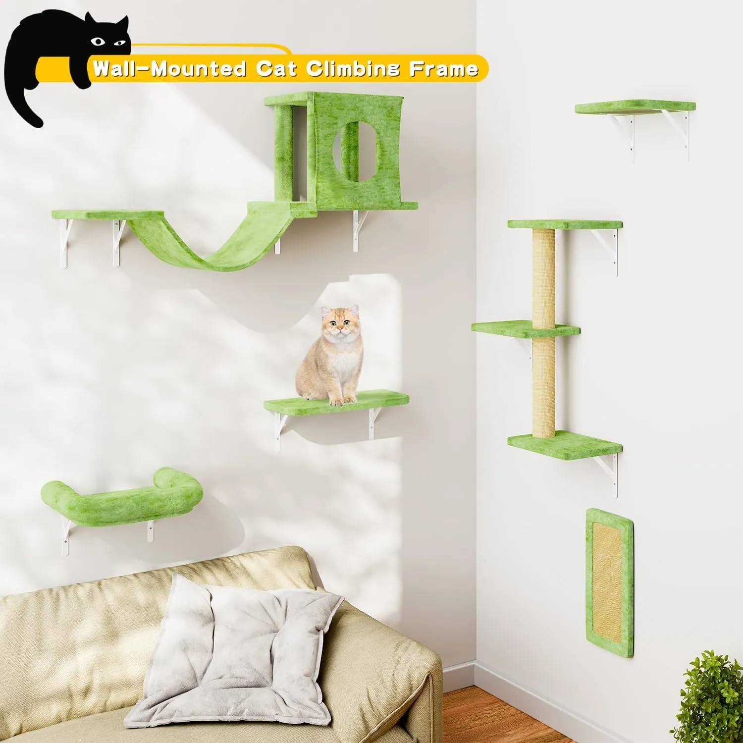 NUNU LAB Wall Mounted Cat Furniture Set - 6 Pcs Climber Set with House, Bridge, Steps, Scratcher Board - DIY Walls Playground, Indoor Cat Shelves - Green