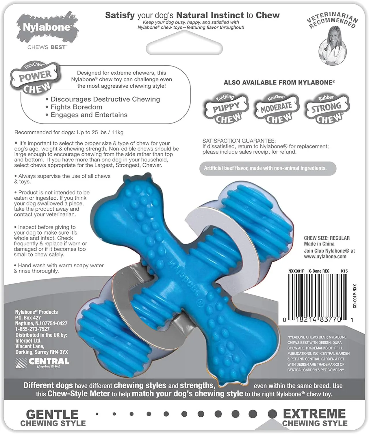 Nylabone Comfort Hold X-Bone Power Chew Toy for Dogs, Dog Toys for Aggressive Chewers, Beef Flavor, Small - Up to 25 lbs, 1 Count