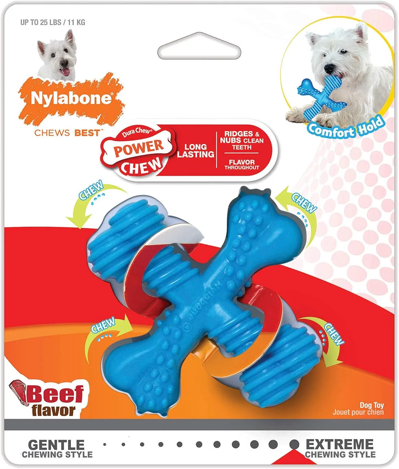 Nylabone Comfort Hold X-Bone Power Chew Toy for Dogs, Dog Toys for Aggressive Chewers, Beef Flavor, Small - Up to 25 lbs, 1 Count