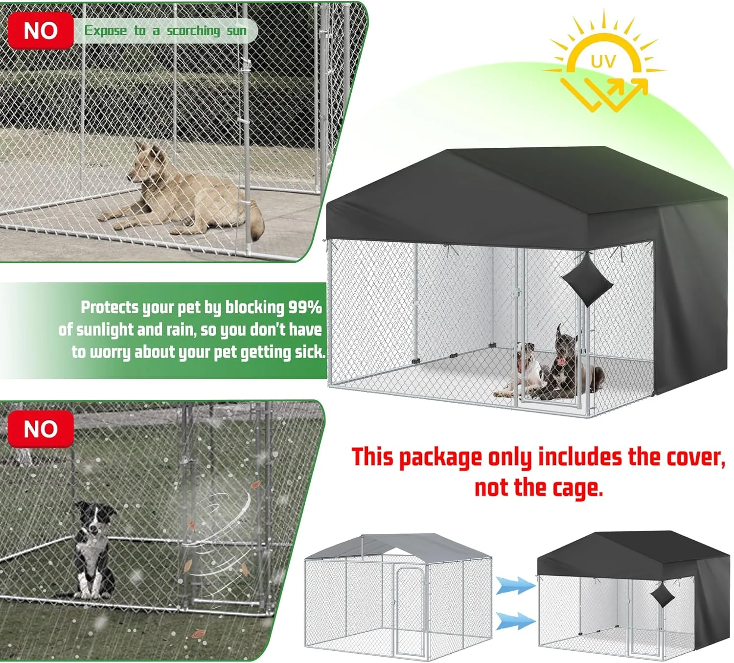 Outdoor Dog Kennel Cover Half Coverage for 10x10FT 600D Heavy Duty Waterproof Kennel Covers for Dog Cages(Cover Only) Black