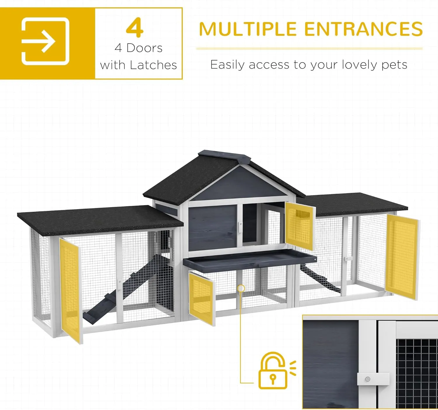 PawHut 83" L Outdoor Rabbit Hutch, Guinea Pig Cage Indoor Outdoor Wooden Bunny Hutch with Double Runs, Weatherproof Roof, Removable Tray, Ramps, Dark Gray