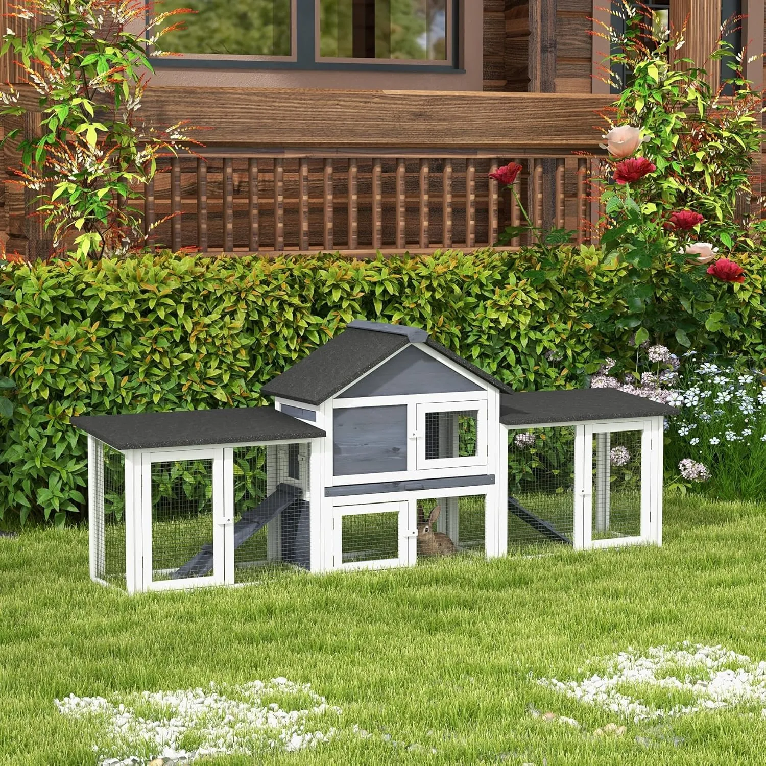 PawHut 83" L Outdoor Rabbit Hutch, Guinea Pig Cage Indoor Outdoor Wooden Bunny Hutch with Double Runs, Weatherproof Roof, Removable Tray, Ramps, Dark Gray