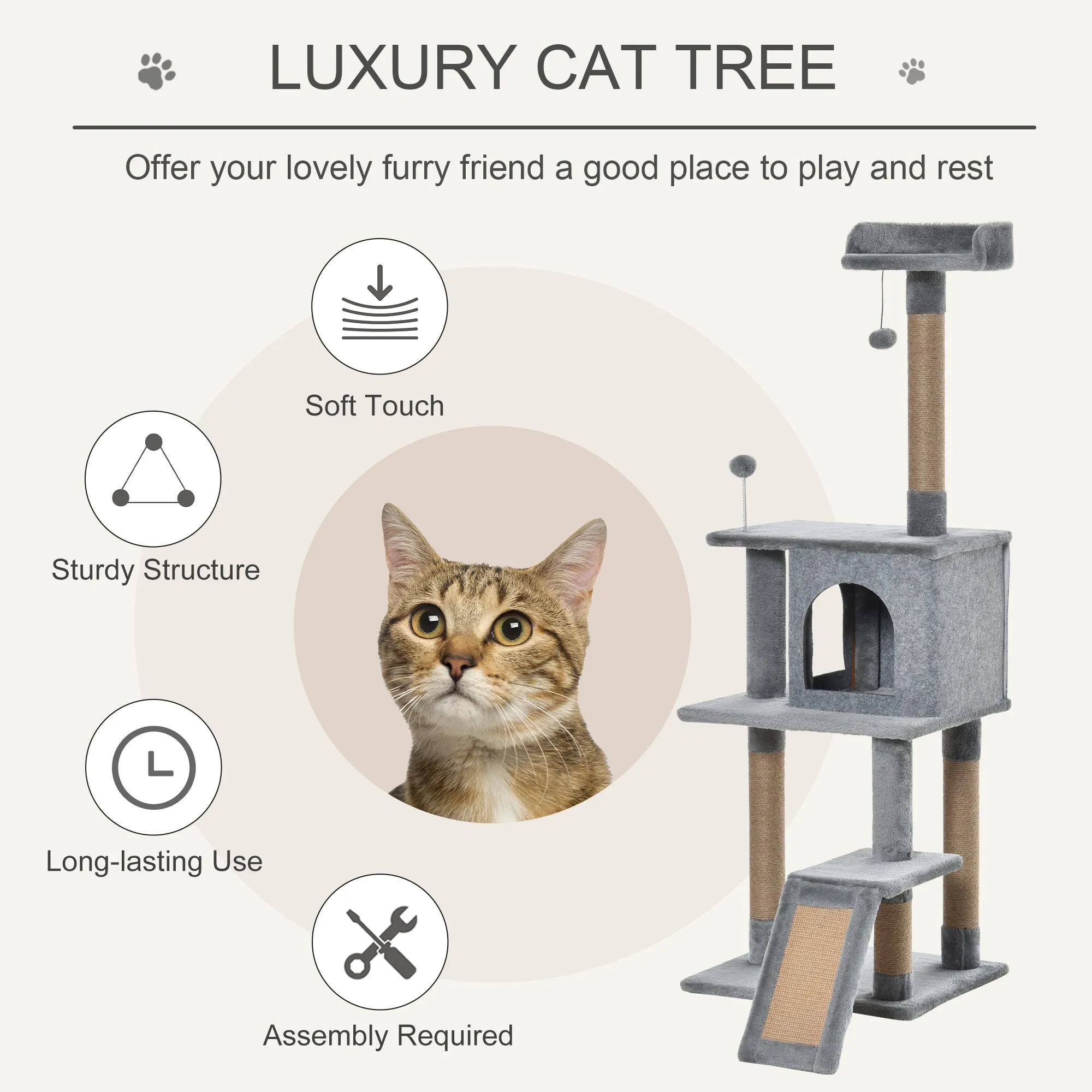 PawHut Cat Tree Tower Climbing Kitten Activity Center with Jute Scratching Post, Grey