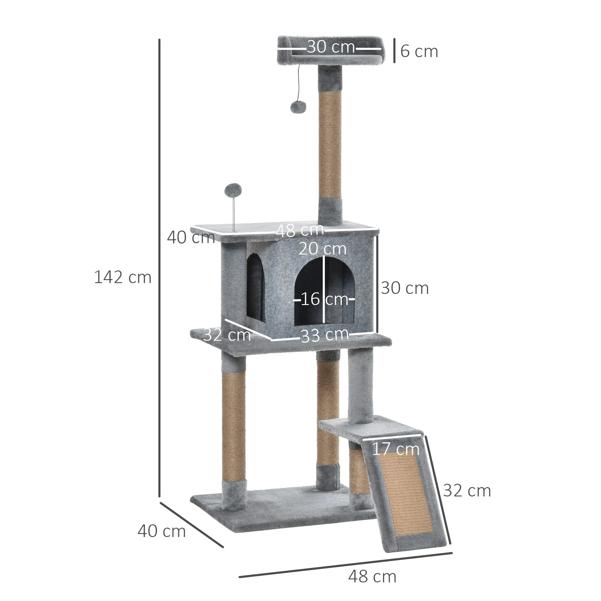 PawHut Cat Tree Tower Climbing Kitten Activity Center with Jute Scratching Post, Grey