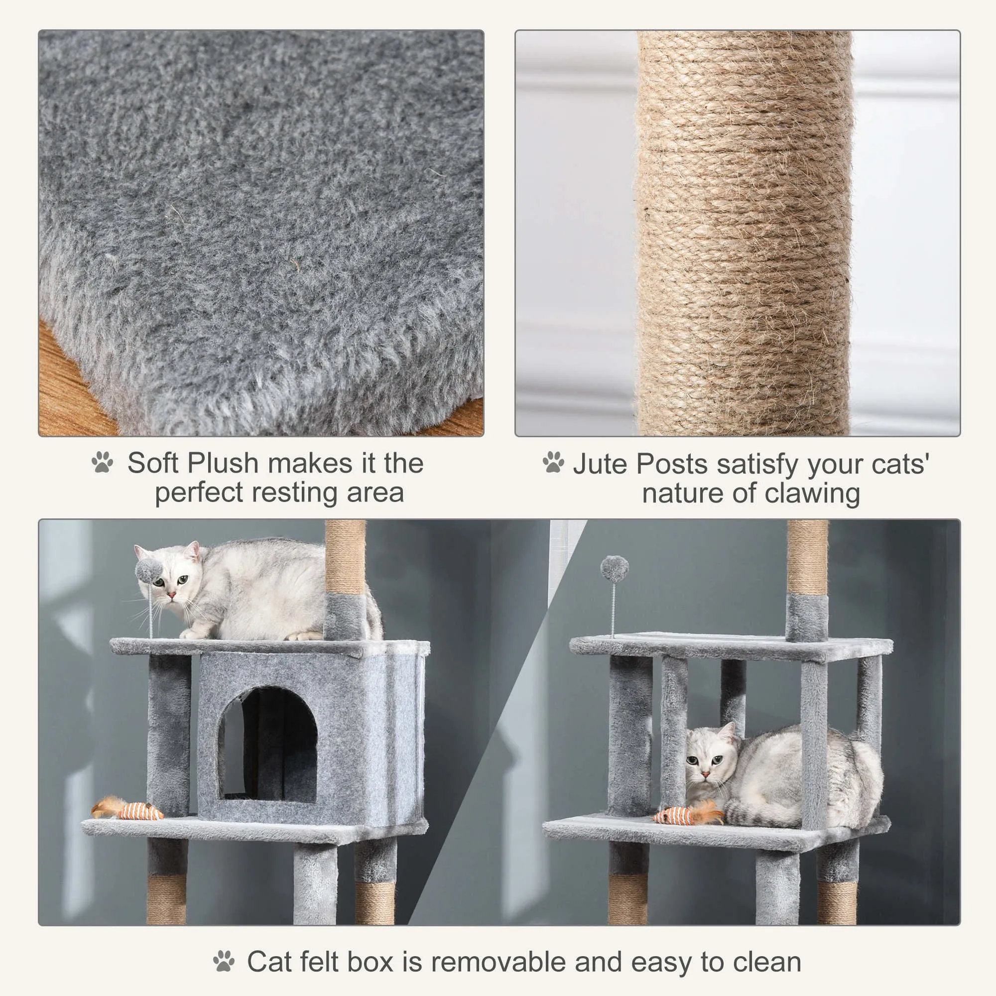 PawHut Cat Tree Tower Climbing Kitten Activity Center with Jute Scratching Post, Grey