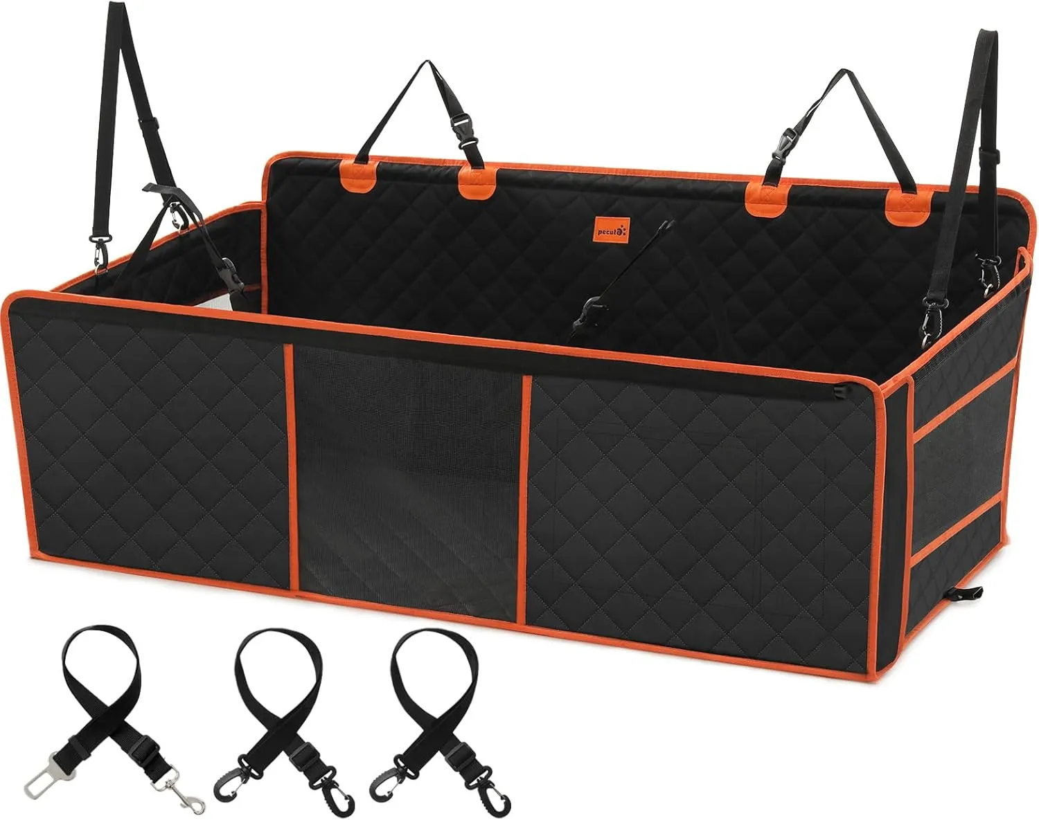 Pecute Back Seat Extender for Dogs, Hard Bottom Dog Car Seat Supports 330lb, Back Seat Extender Sturdy Built-in Iron Pipe, Dog Hammock Bed with Upgraded Side Wings for Car, SUV, Trucks