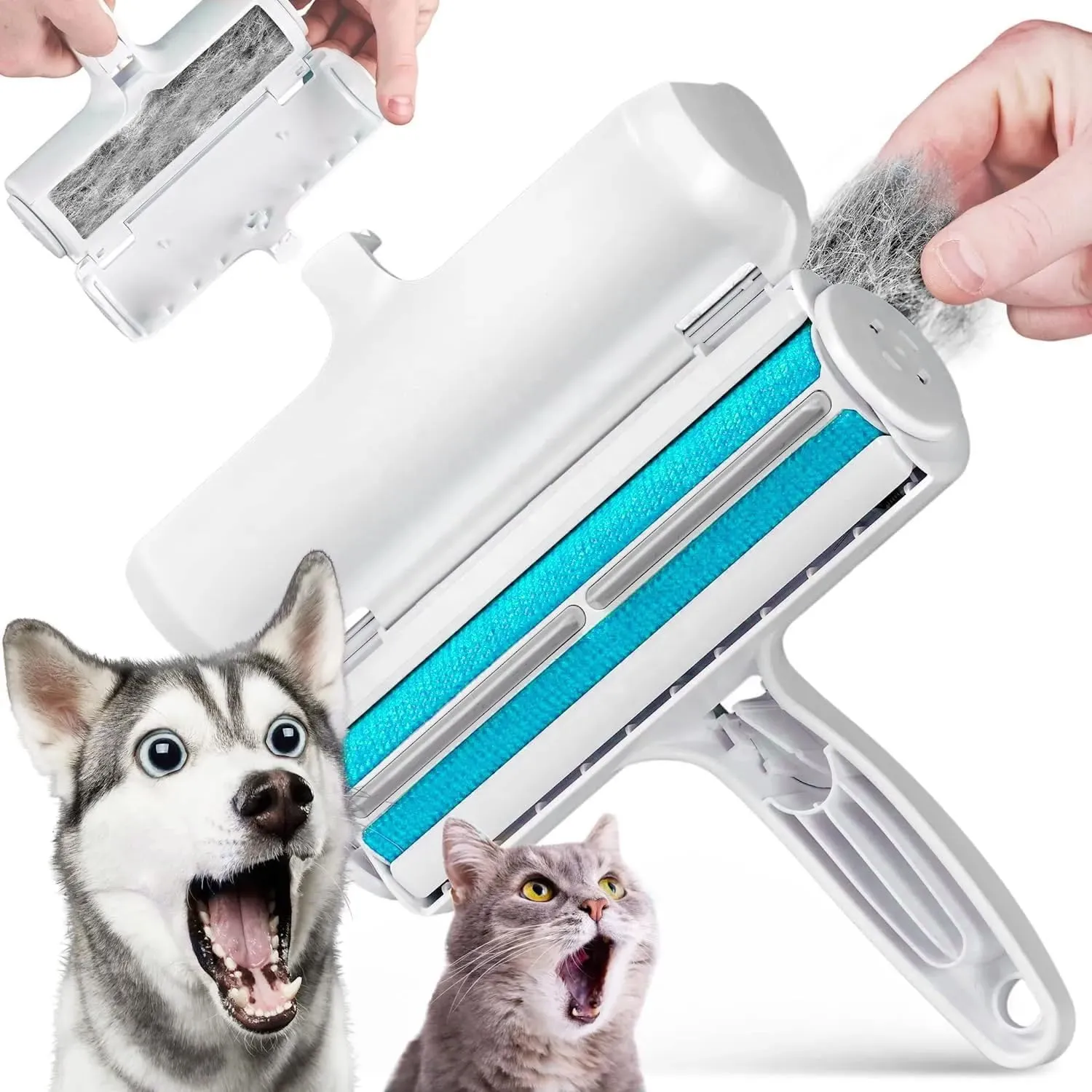 Pet Hair Remover Tool for Dog or Cat on Carpet Couch Furniture Clothes Car (Light Blue), Compact Reusable Lint Roller w/Upgraded Handle for Comfort and Durability