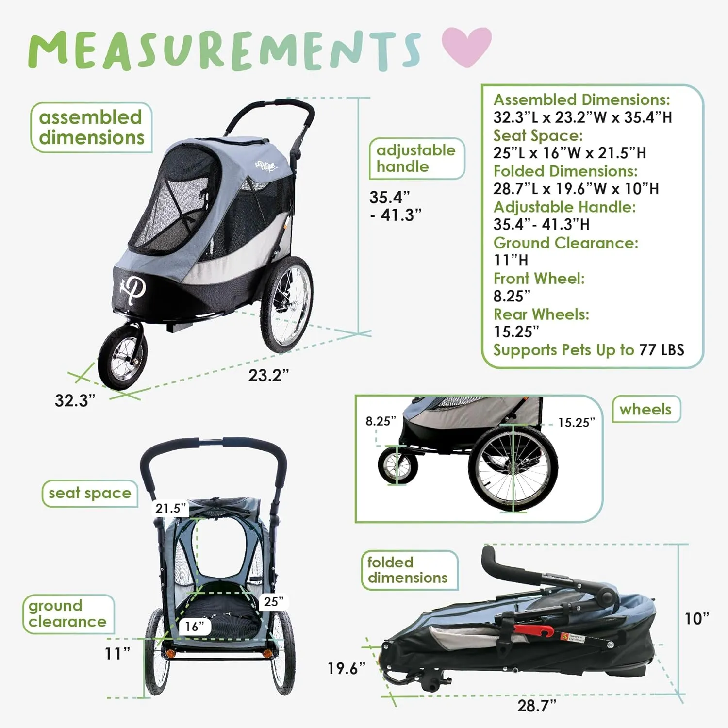 Petique Trailblazer Jogger, Dog Cart for Medium Size Pets, Ventilated Pet Stroller for Cats & Dogs, Gray