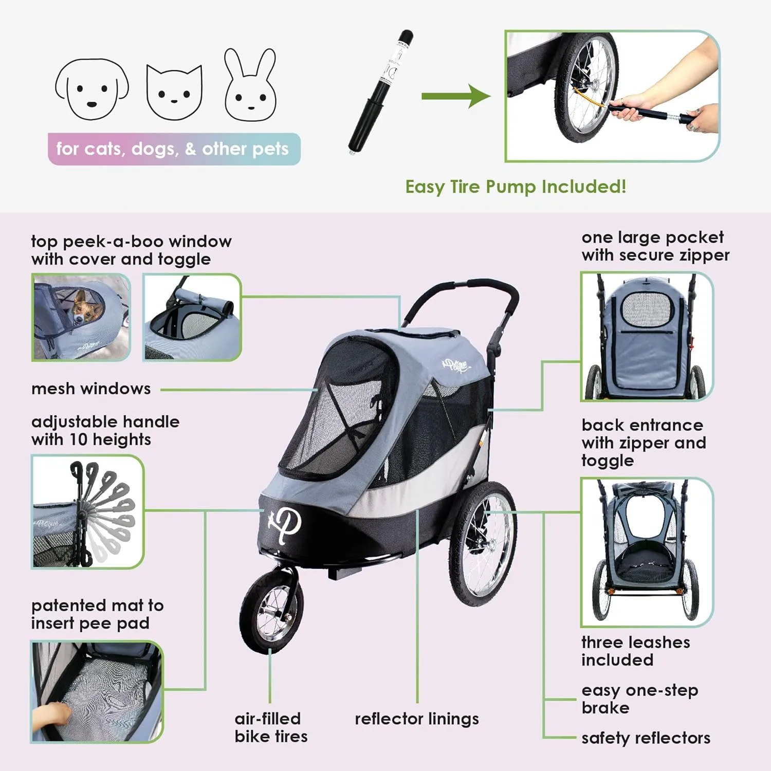 Petique Trailblazer Jogger, Dog Cart for Medium Size Pets, Ventilated Pet Stroller for Cats & Dogs, Gray