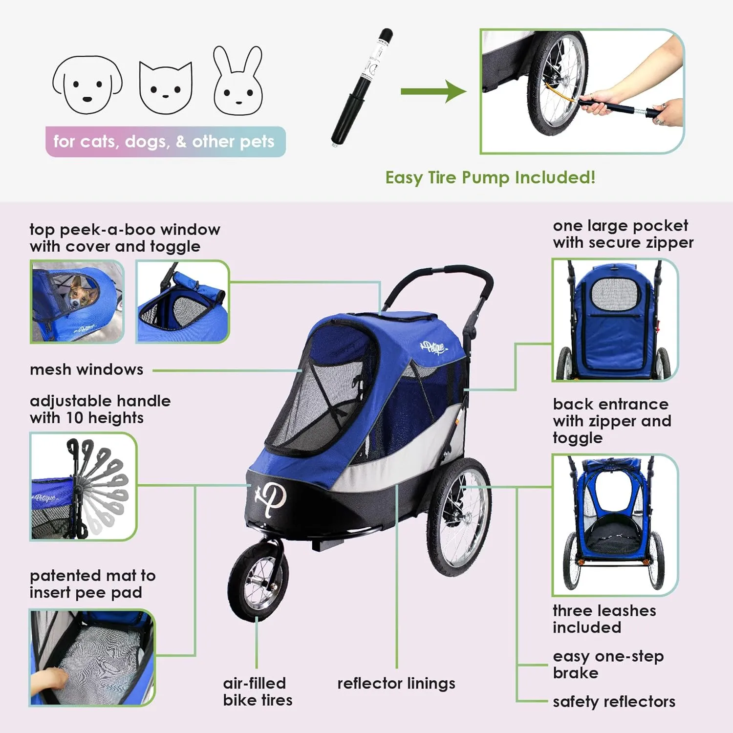 Petique Trailblazer Pet Jogger/Stroller, Bike Trailer, Shock Absorbing Bike Wheels, Large Entry Way, Peek-a-Boo Window, Small/Medium/Large Dogs, Cats and Pets, Supports up to 77LBS - Atlas (Blue)