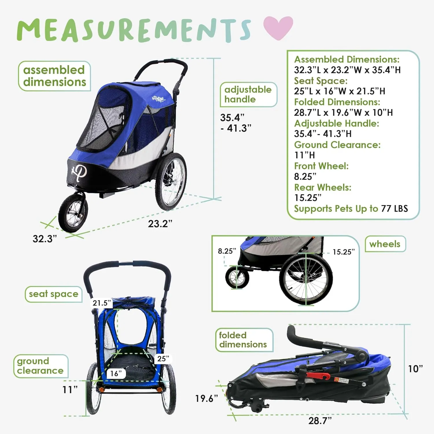 Petique Trailblazer Pet Jogger/Stroller, Bike Trailer, Shock Absorbing Bike Wheels, Large Entry Way, Peek-a-Boo Window, Small/Medium/Large Dogs, Cats and Pets, Supports up to 77LBS - Atlas (Blue)