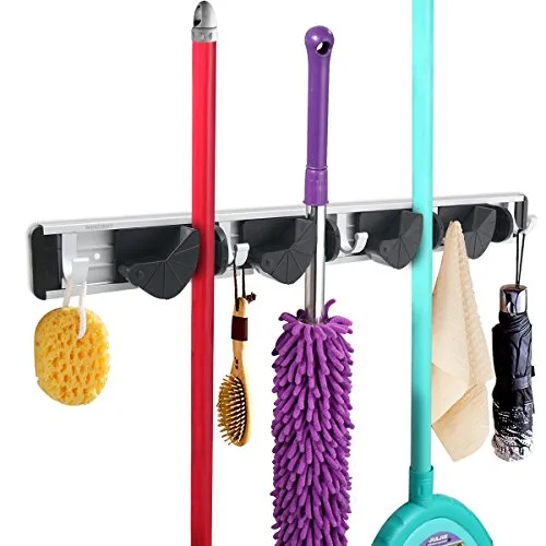 PIXNOR Aluminum Wall Mounted Mop and Broom Rack Holder 4 Position 5 Hooks (Black)