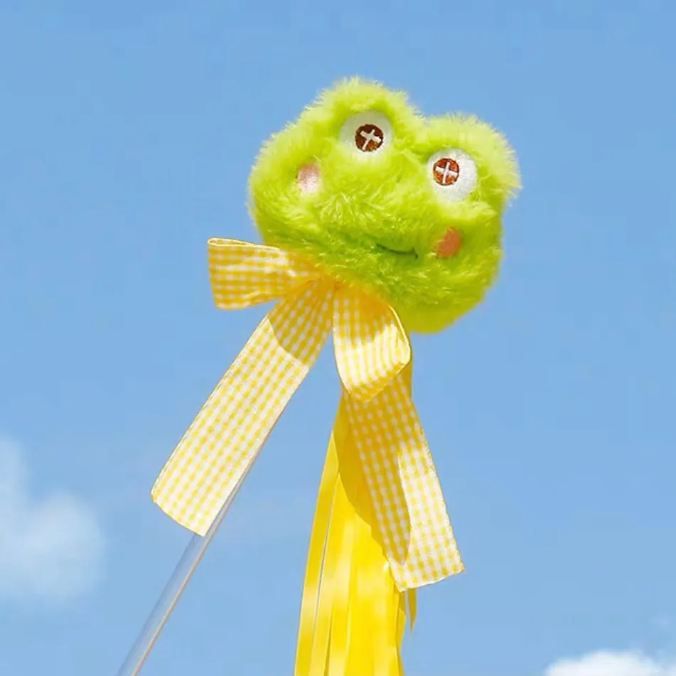 Plush Green Frog Teaser Wand Toy with Strings for Cats