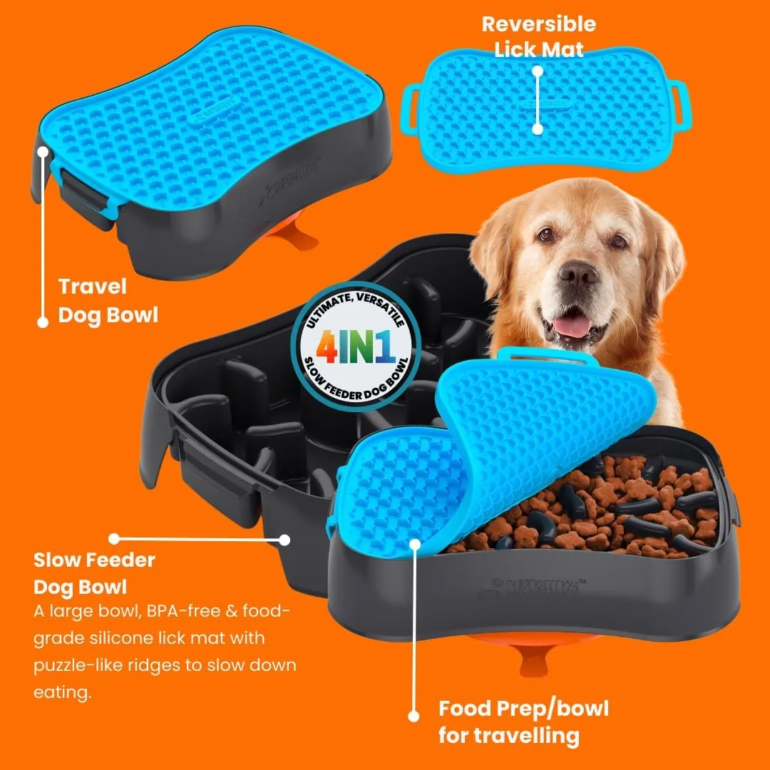 Slow Feeder Dog Bowls & Lick Mat - 4-in-1 Dog Puzzle Feeder - Food-Grade Silicone - Large Slow Feeder Bowl 10 Cup Capacity - Dog Feeding Station for Fast Eaters - Travel Dog Bowl & Storage Solution
