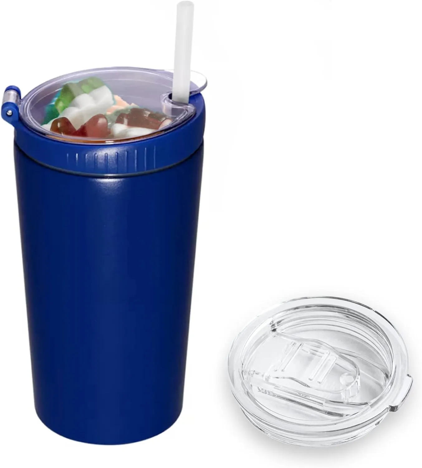 Snack tumbler with lid and straw, stainless steel insulated 2-in-1 travel coffee mug, water bottle with snack cup (Royal Blue, 16 OZ)
