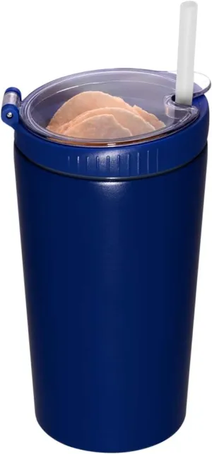 Snack tumbler with lid and straw, stainless steel insulated 2-in-1 travel coffee mug, water bottle with snack cup (Royal Blue, 16 OZ)