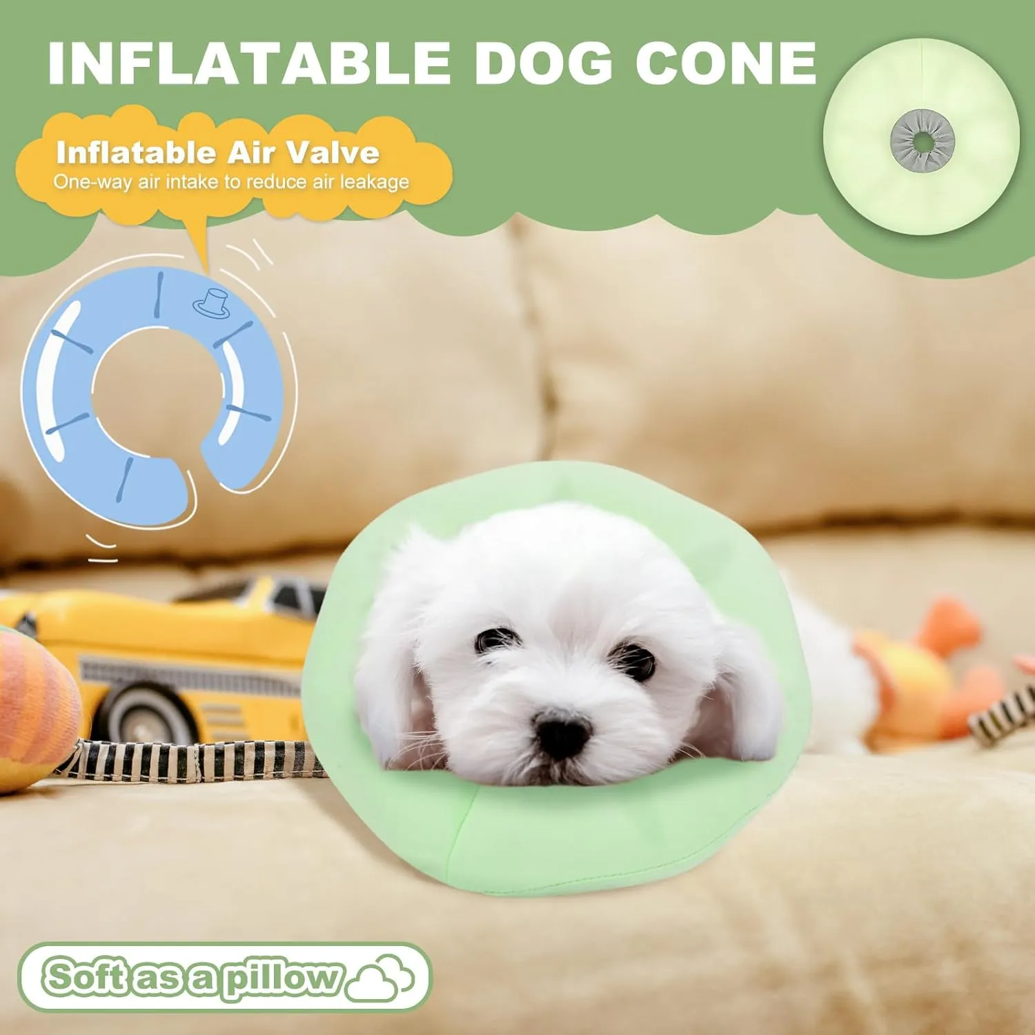 Soft Inflatable Dog Cone Collar Alternative to Stop Licking- Adjustable Dog Neck Donut Collar for Surgery Recovery, Cone for Dogs X-Small and Puppy (Light Green)