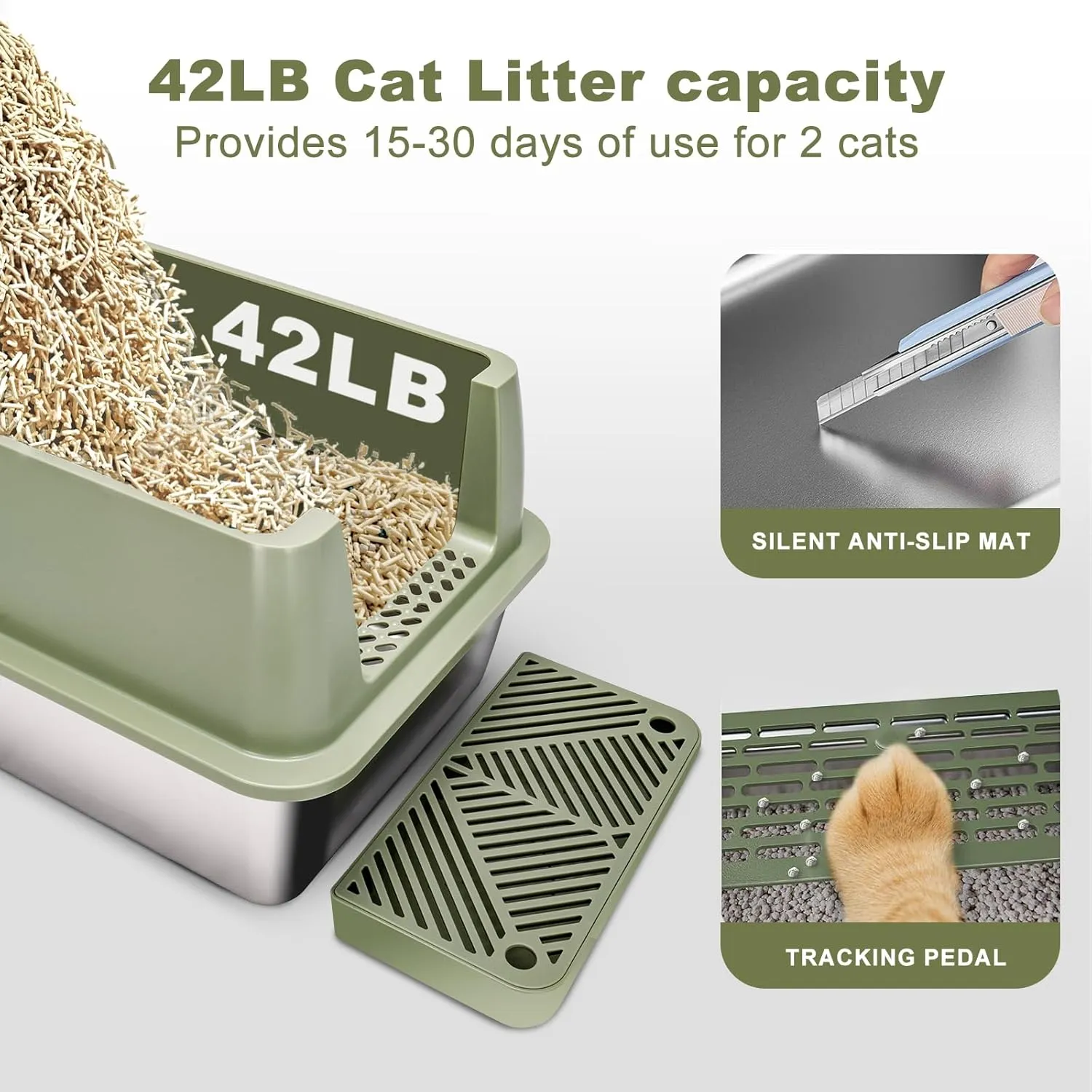 Stainless Steel Litter Box with Lid - Enclosed Metal Cat Box Front Entry Top Exit, Extra Large Metal Litter Box for Indoor Cats with Scoop Green