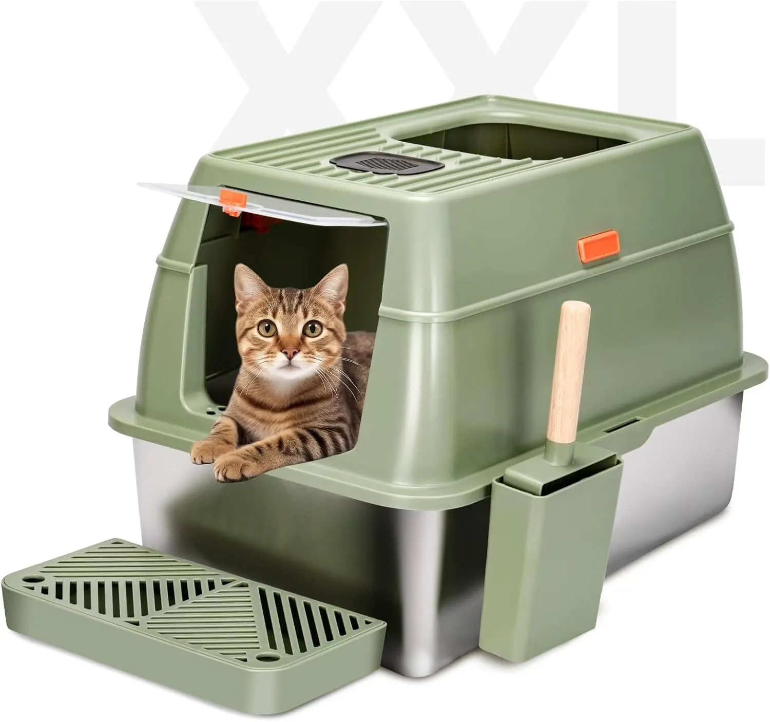 Stainless Steel Litter Box with Lid - Enclosed Metal Cat Box Front Entry Top Exit, Extra Large Metal Litter Box for Indoor Cats with Scoop Green