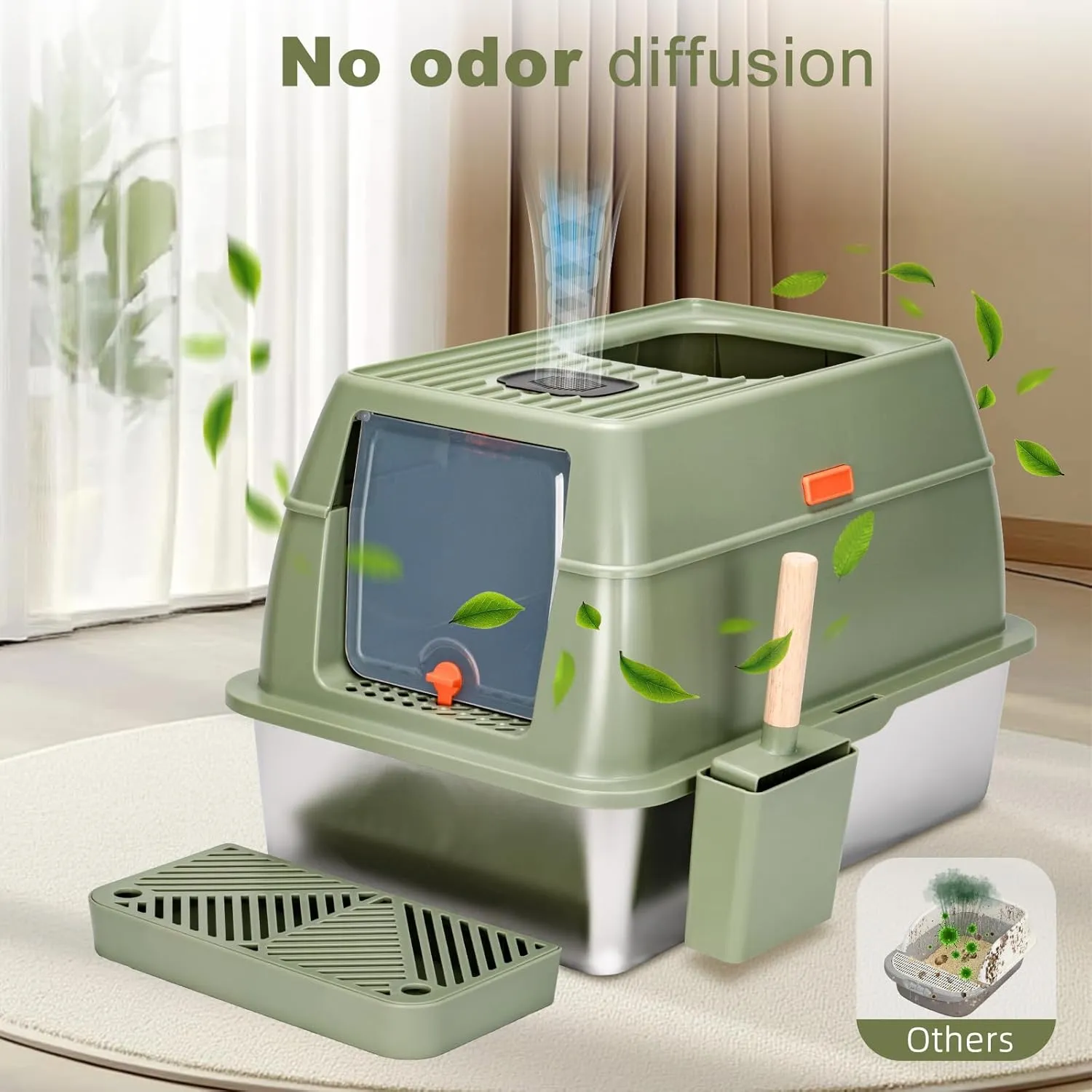Stainless Steel Litter Box with Lid - Enclosed Metal Cat Box Front Entry Top Exit, Extra Large Metal Litter Box for Indoor Cats with Scoop Green