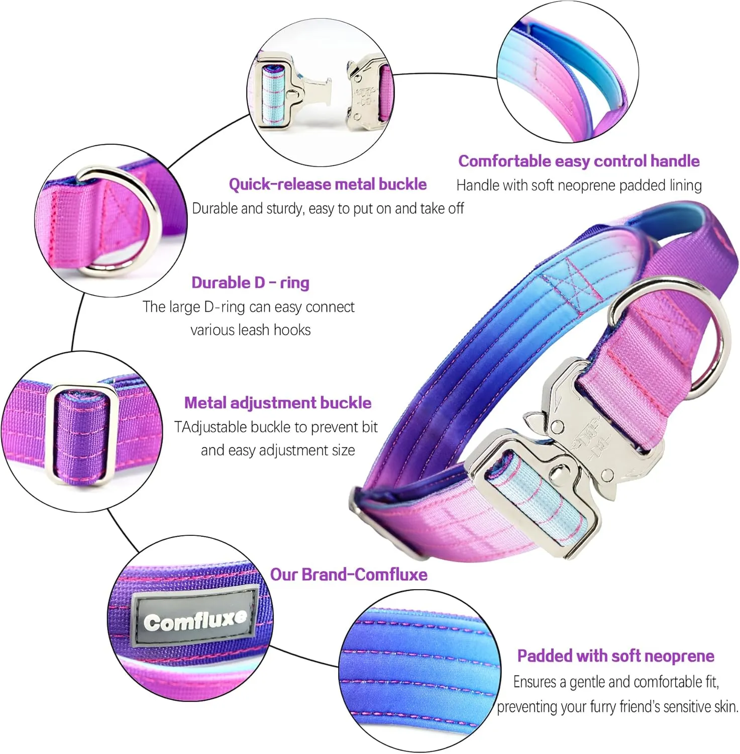 Tactical Dog Collar, Wide Thick Heavy Duty Dog Collar with Handle, Soft Neoprene Padded Military-Grade Nylon Training Collar with Quick Release Metal Buckle for Large Dogs(Purple, L,XL)