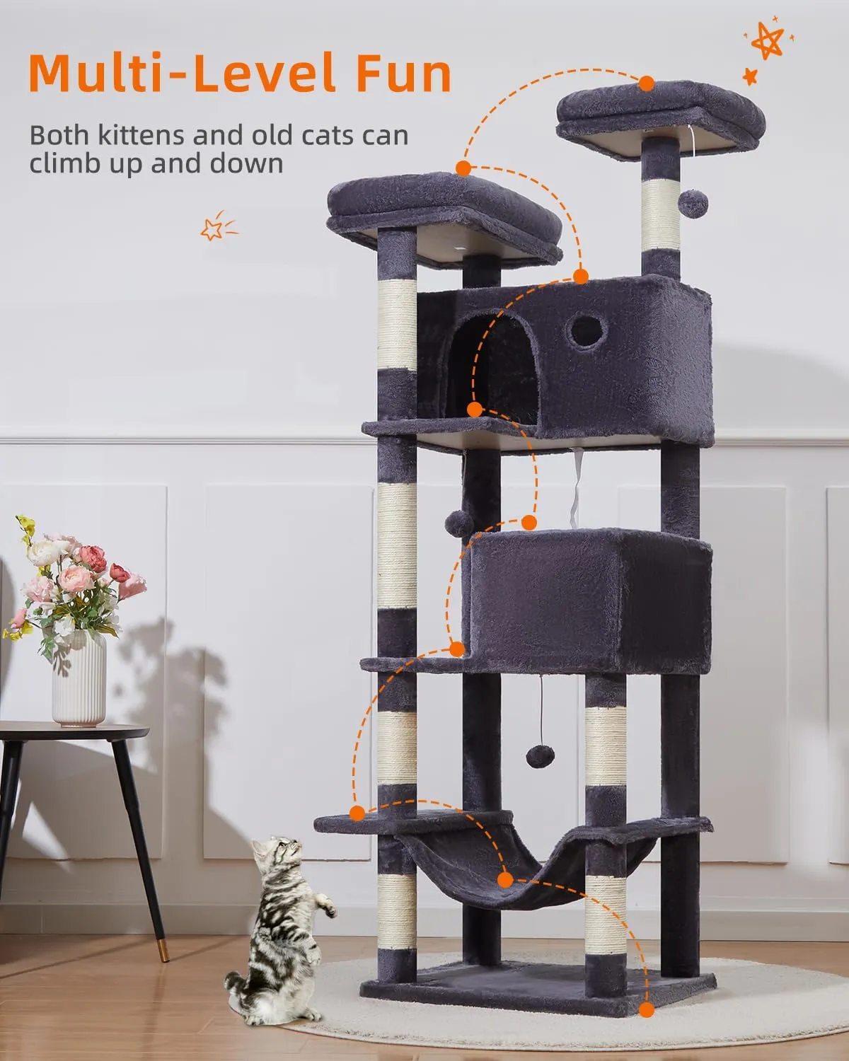 Taoqimiao 70.4-Inch Cat Tree for Large Cats, Plush Multi-Level Cat Condo with 7 Scratching Posts, 2 Luxury Perches, 2 Caves, Hammock, 2 Pompoms, Scratch Board for Indoor Cats MS030LG Smoky Gray