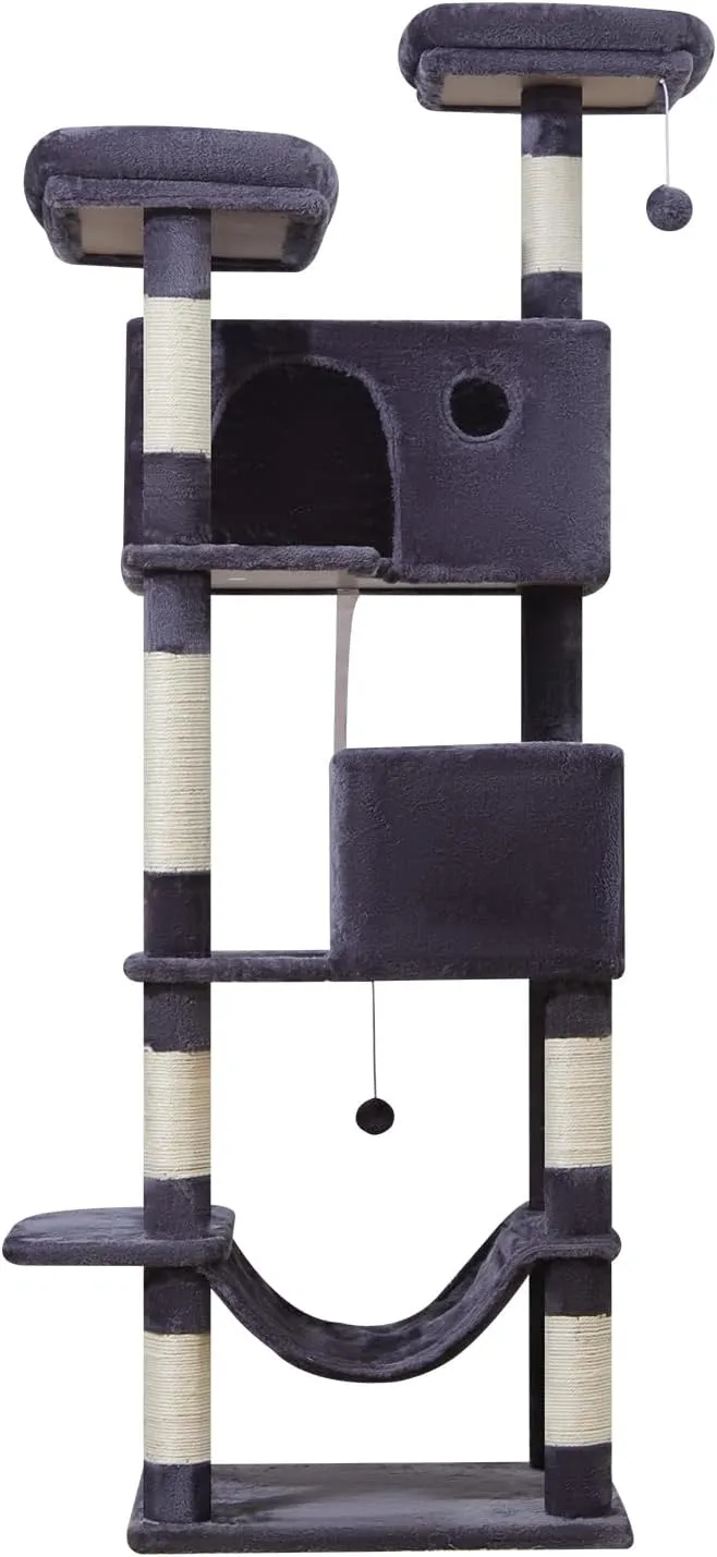 Taoqimiao 70.4-Inch Cat Tree for Large Cats, Plush Multi-Level Cat Condo with 7 Scratching Posts, 2 Luxury Perches, 2 Caves, Hammock, 2 Pompoms, Scratch Board for Indoor Cats MS030LG Smoky Gray