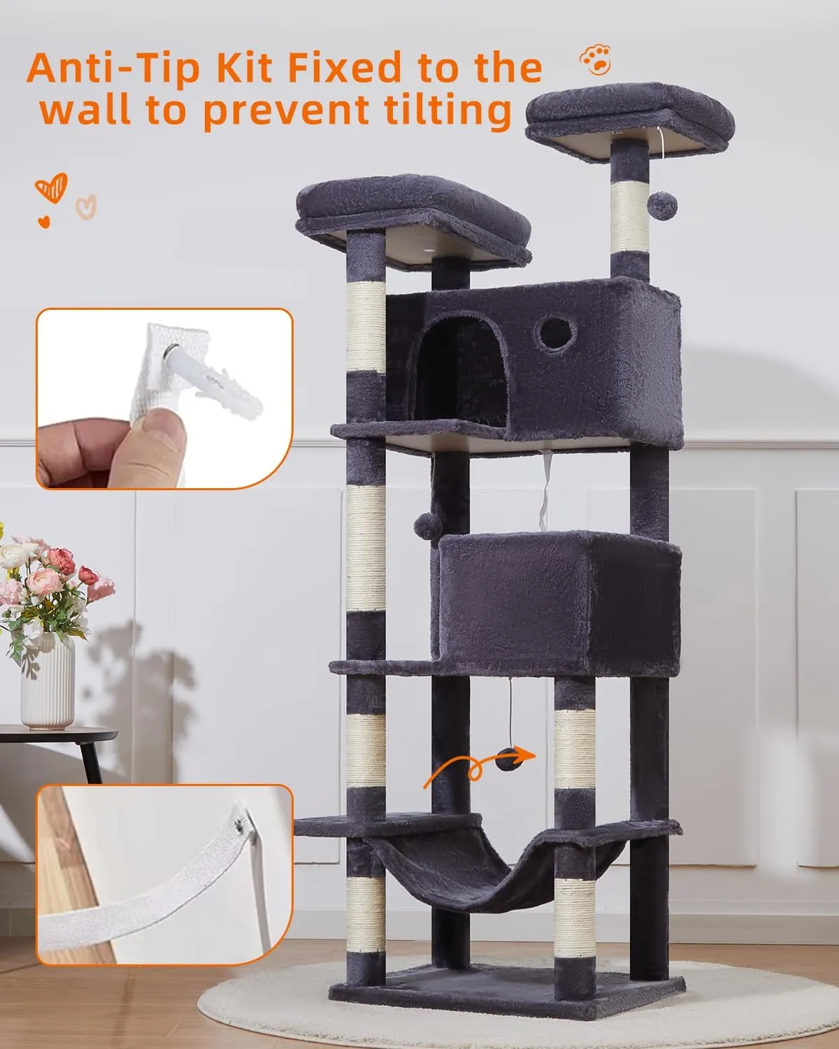 Taoqimiao 70.4-Inch Cat Tree for Large Cats, Plush Multi-Level Cat Condo with 7 Scratching Posts, 2 Luxury Perches, 2 Caves, Hammock, 2 Pompoms, Scratch Board for Indoor Cats MS030LG Smoky Gray