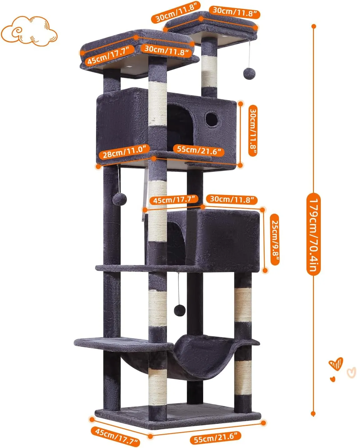 Taoqimiao 70.4-Inch Cat Tree for Large Cats, Plush Multi-Level Cat Condo with 7 Scratching Posts, 2 Luxury Perches, 2 Caves, Hammock, 2 Pompoms, Scratch Board for Indoor Cats MS030LG Smoky Gray
