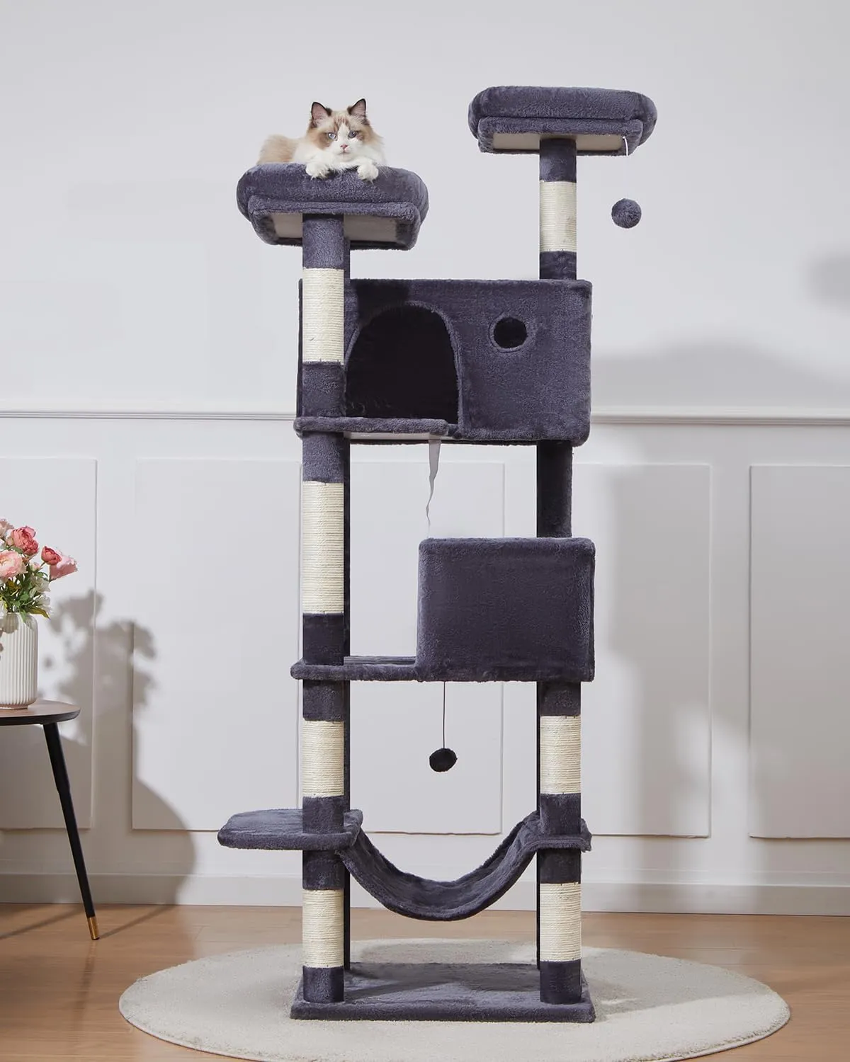 Taoqimiao 70.4-Inch Cat Tree for Large Cats, Plush Multi-Level Cat Condo with 7 Scratching Posts, 2 Luxury Perches, 2 Caves, Hammock, 2 Pompoms, Scratch Board for Indoor Cats MS030LG Smoky Gray