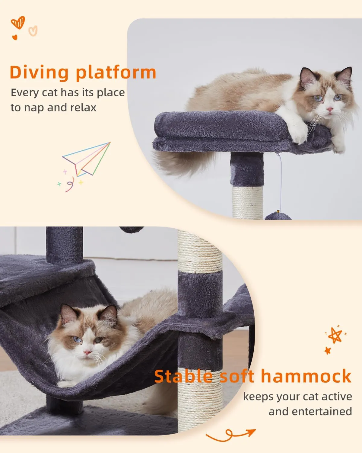 Taoqimiao 70.4-Inch Cat Tree for Large Cats, Plush Multi-Level Cat Condo with 7 Scratching Posts, 2 Luxury Perches, 2 Caves, Hammock, 2 Pompoms, Scratch Board for Indoor Cats MS030LG Smoky Gray
