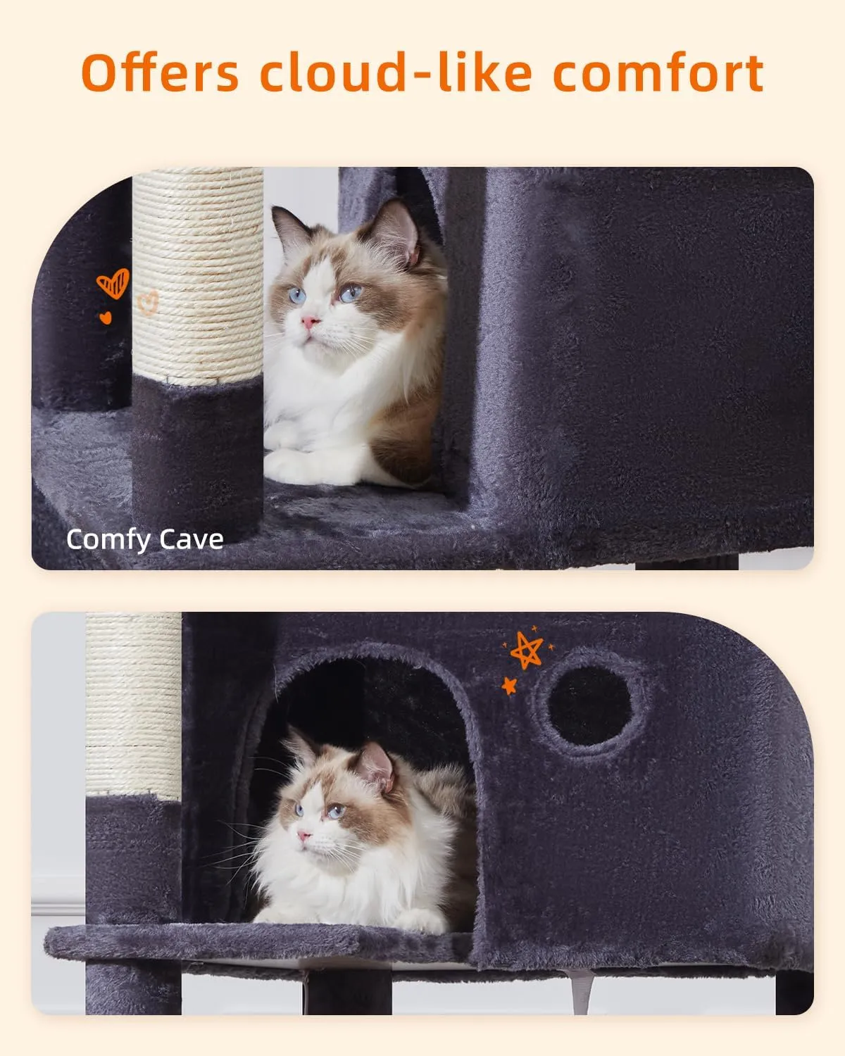 Taoqimiao 70.4-Inch Cat Tree for Large Cats, Plush Multi-Level Cat Condo with 7 Scratching Posts, 2 Luxury Perches, 2 Caves, Hammock, 2 Pompoms, Scratch Board for Indoor Cats MS030LG Smoky Gray