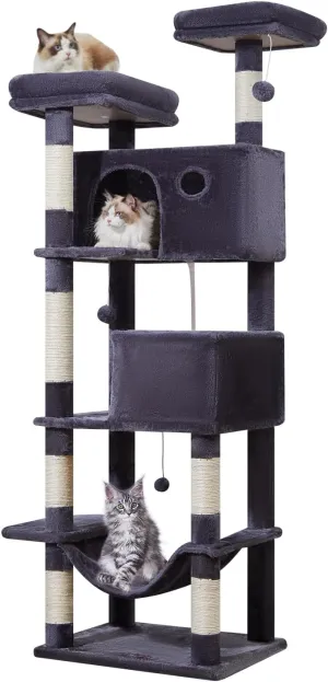 Taoqimiao 70.4-Inch Cat Tree for Large Cats, Plush Multi-Level Cat Condo with 7 Scratching Posts, 2 Luxury Perches, 2 Caves, Hammock, 2 Pompoms, Scratch Board for Indoor Cats MS030LG Smoky Gray