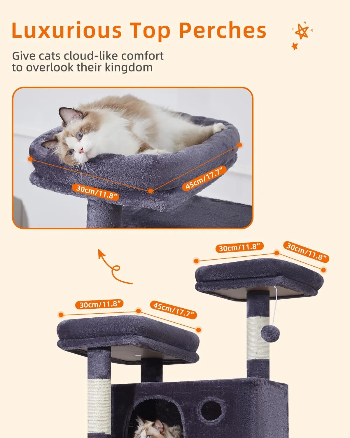Taoqimiao 70.4-Inch Cat Tree for Large Cats, Plush Multi-Level Cat Condo with 7 Scratching Posts, 2 Luxury Perches, 2 Caves, Hammock, 2 Pompoms, Scratch Board for Indoor Cats MS030LG Smoky Gray
